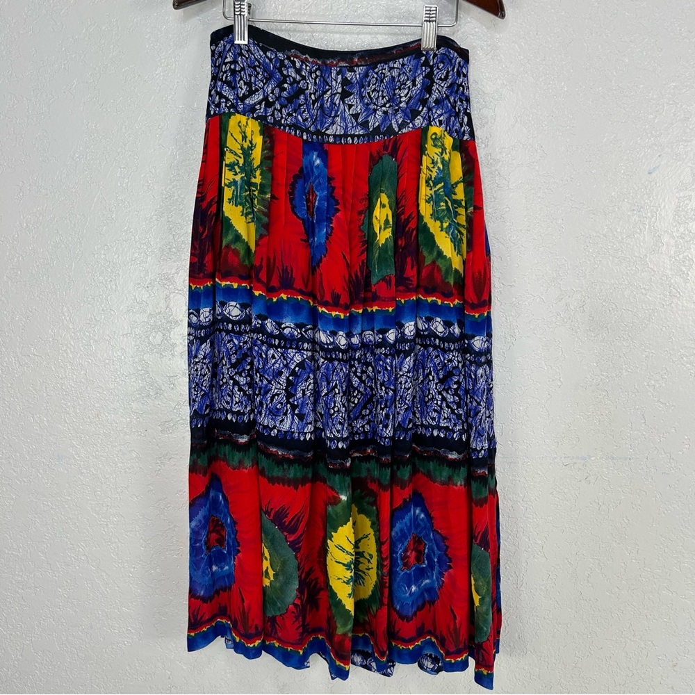 Vintage 80s 90s Dorothy Schoelen Tie Dye Pleated Midi Skirt Size 6
